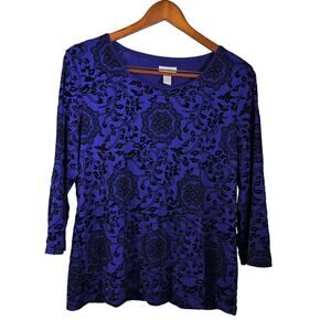 Chico's 2 = 12 Purple Black Flocked Medallion Print Lined Pullover Blouse Work